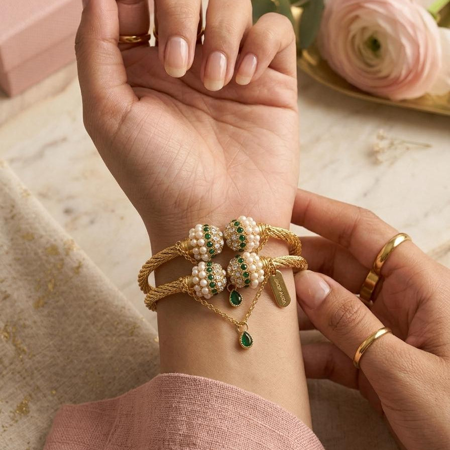 Emerald & Pearl Twisted Gold Bangle