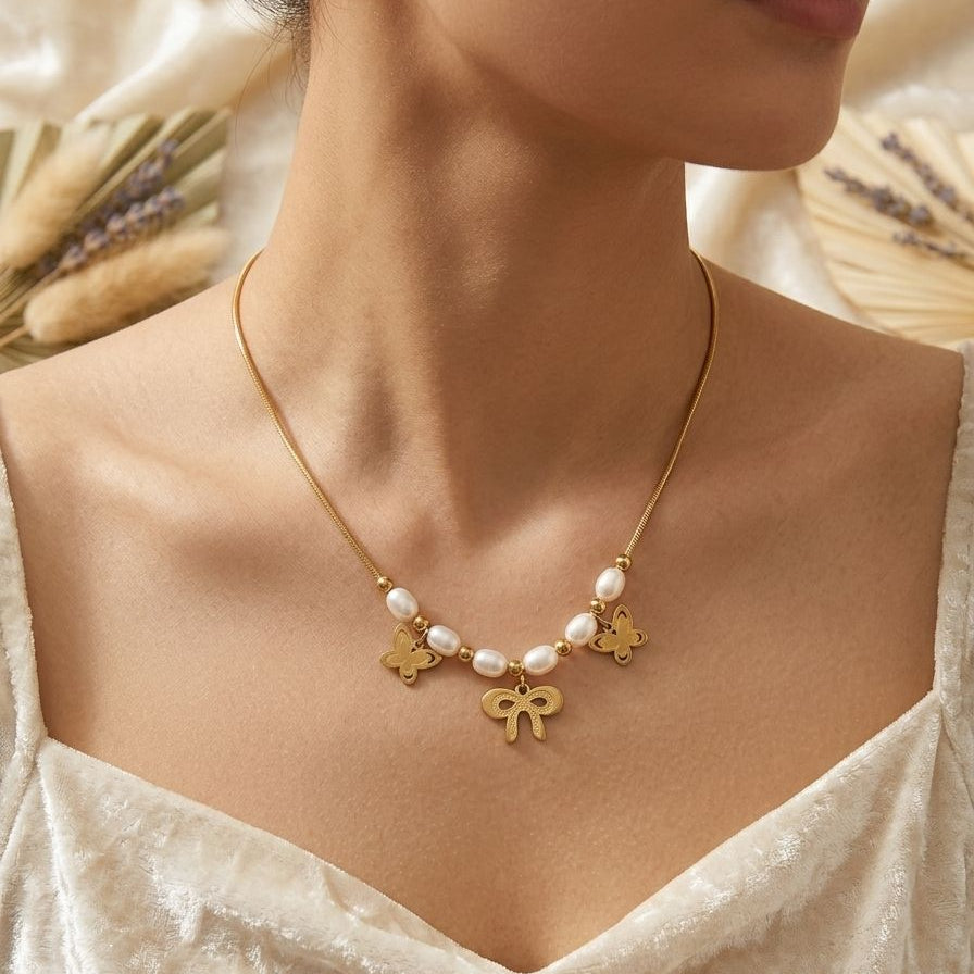 Vintage Butterfly & Pearl Ribbon Necklace