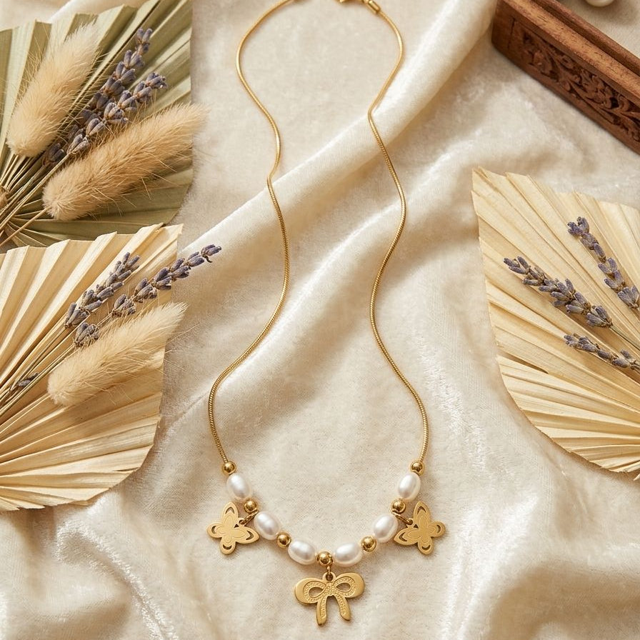 Vintage Butterfly & Pearl Ribbon Necklace