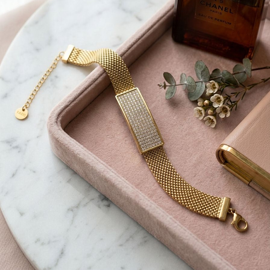 Zircon Pave Gold Mesh Bracelet