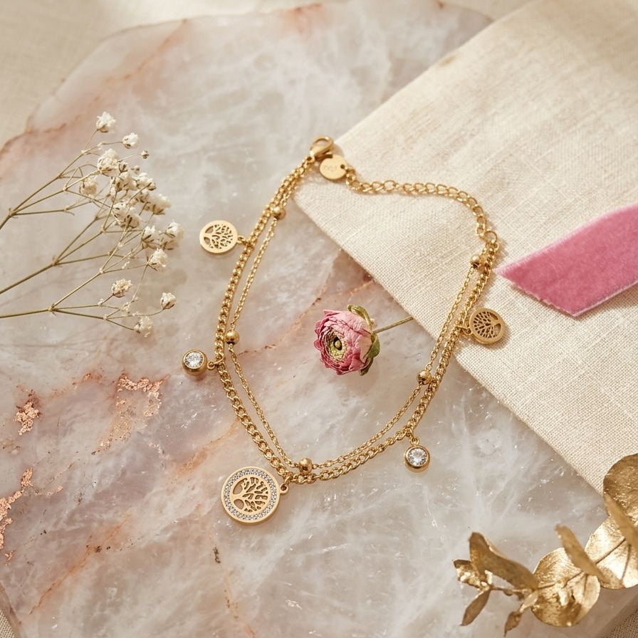 Tree of Life Double-Layered Gold Charm Bracelet