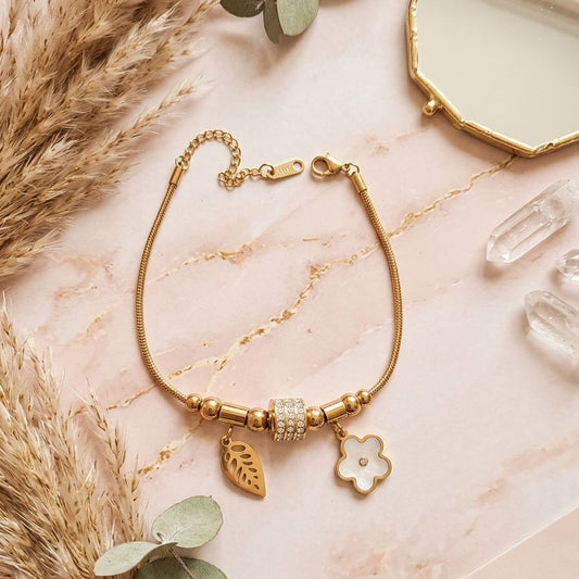 Elegant Gold Charm Bracelet – Floral & Leaf Nature Motif