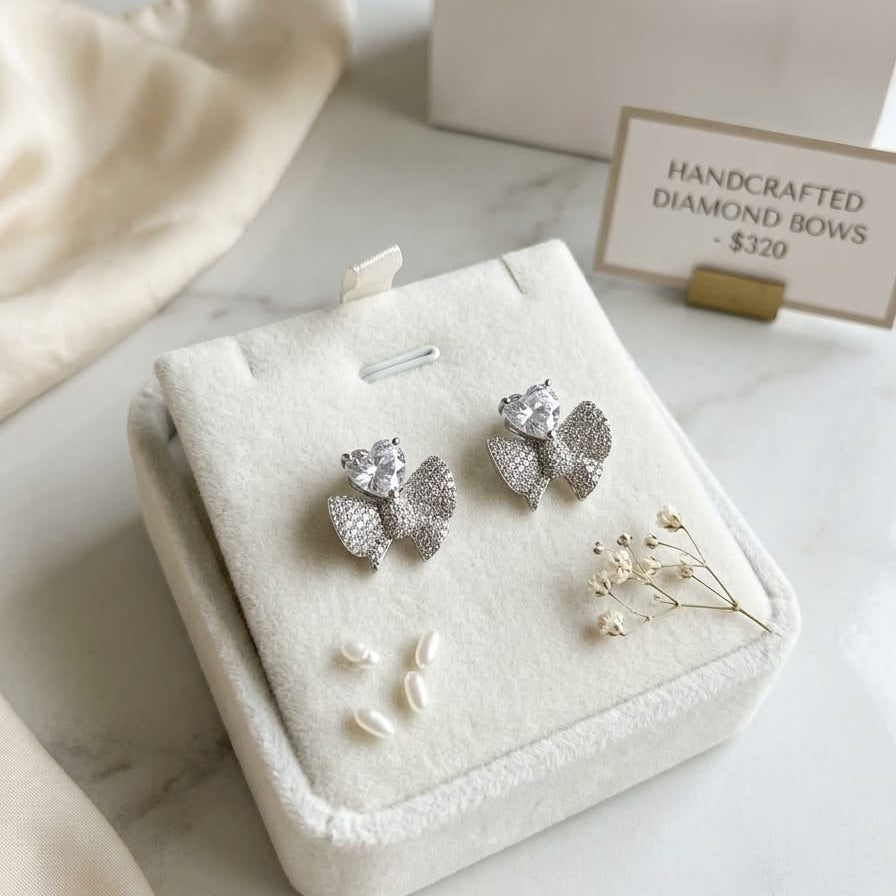 Diamond Heart-Bow Studs