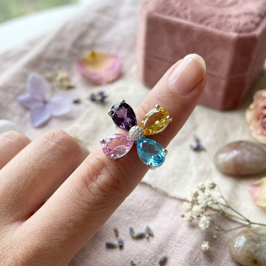 Multi-Gemstone Floral Bloom Ring