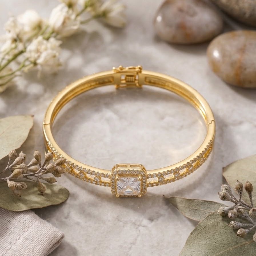 Square Halo Crystal Gold Bangle