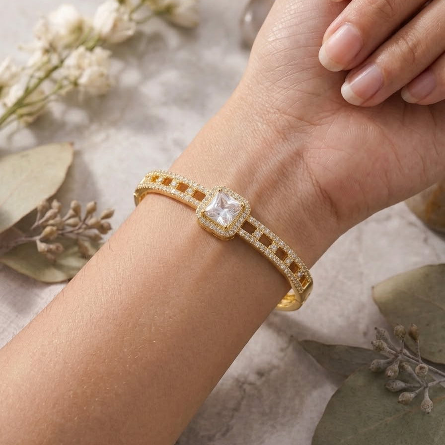 Square Halo Crystal Gold Bangle