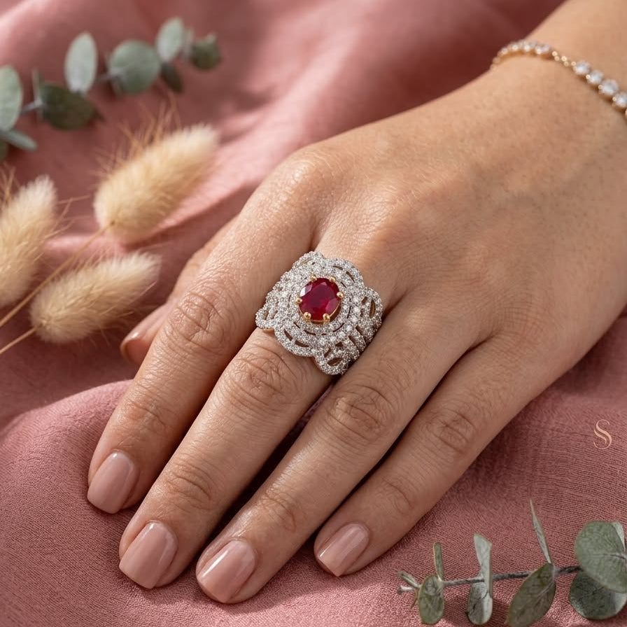 Regal Crimson Blossom Ring