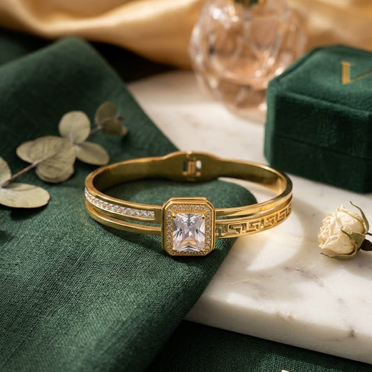 The Aurora Emerald-Cut Greek Key Bangle