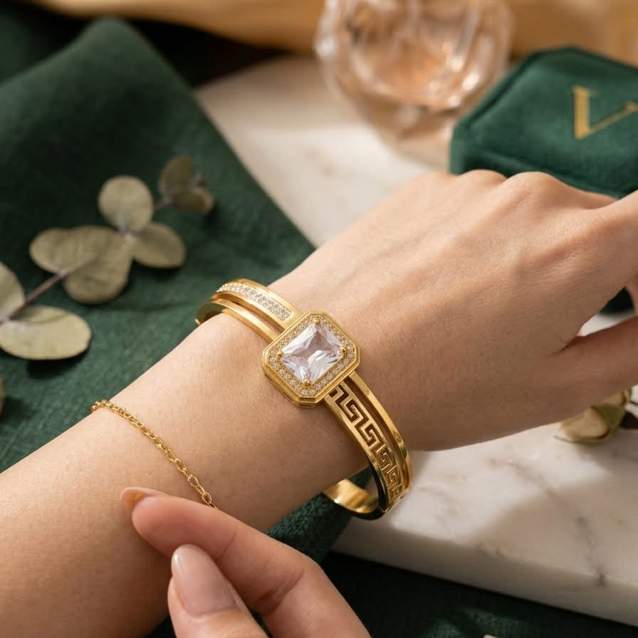 The Aurora Emerald-Cut Greek Key Bangle