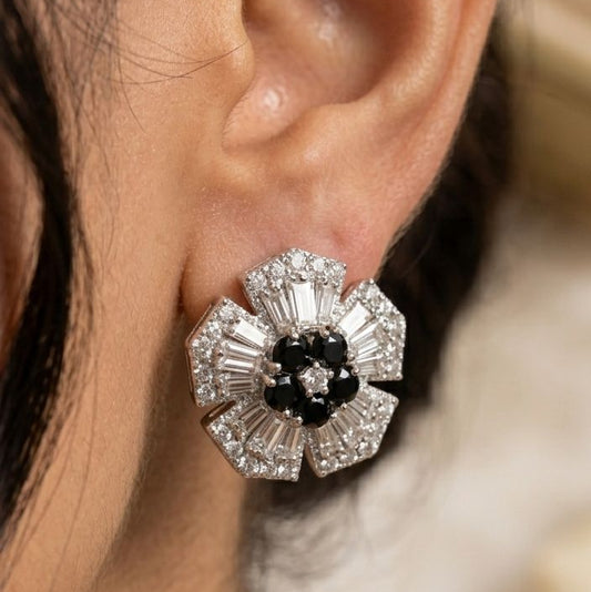Sapphire Black & Crystal Floral Studs