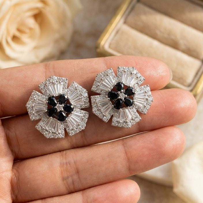 Sapphire Black & Crystal Floral Studs