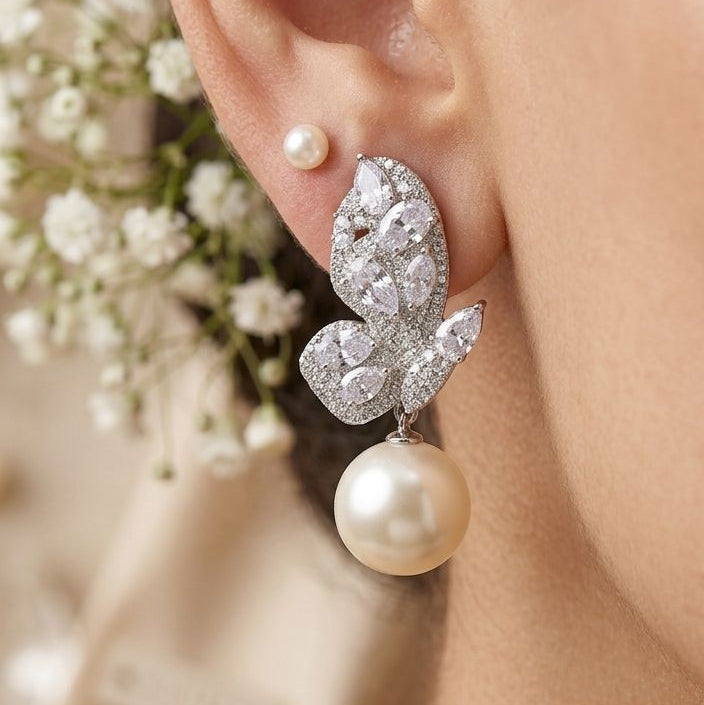 Crystal Butterfly Pearl Drop Earrings