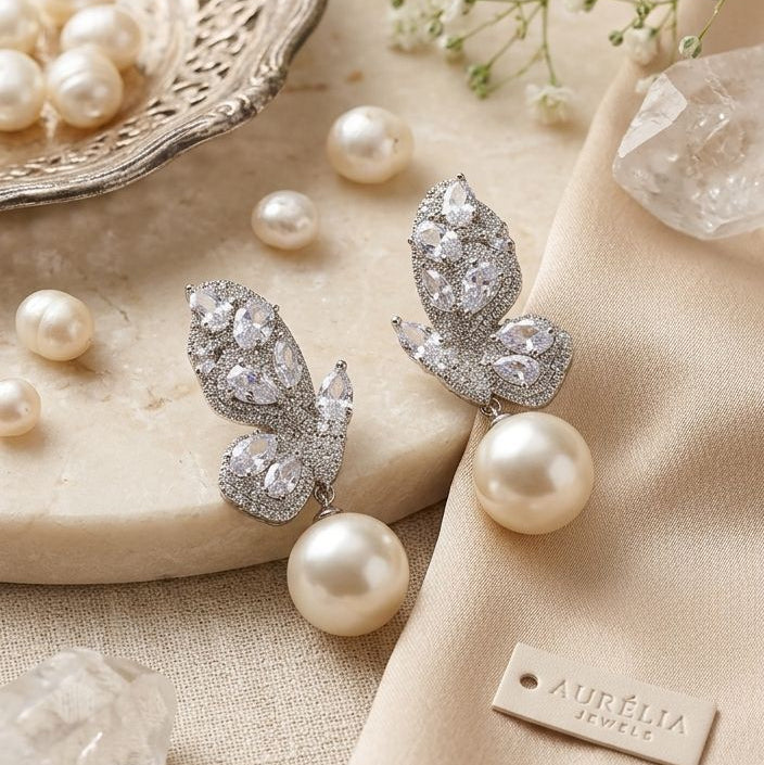 Crystal Butterfly Pearl Drop Earrings