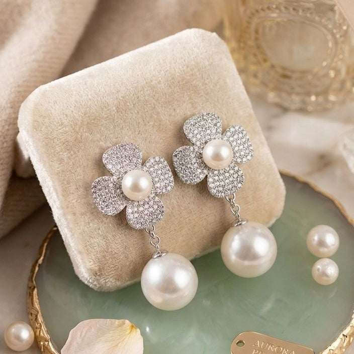 Crystal Flower Pearl Dangle Earrings