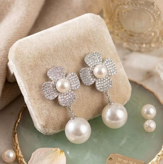 Crystal Flower Pearl Dangle Earrings