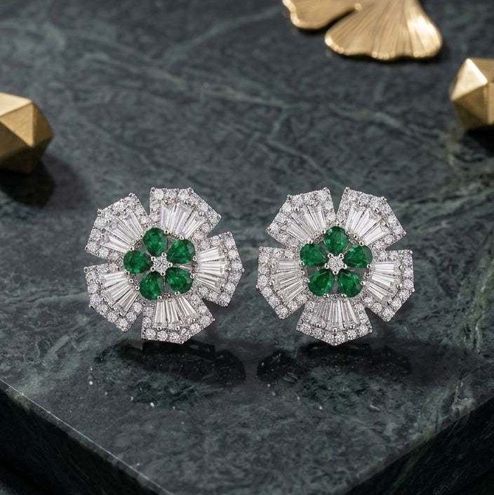 Green and White Crystal Floral Earring