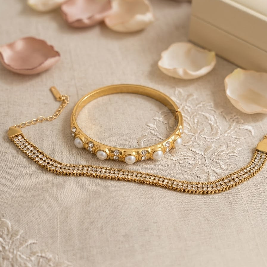 Gold Pearl & Rhinestone Bangle Set