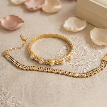 Gold Pearl & Rhinestone Bangle Set