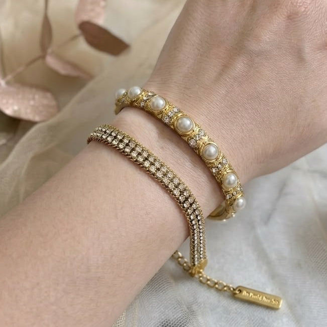 Gold Pearl & Rhinestone Bangle Set