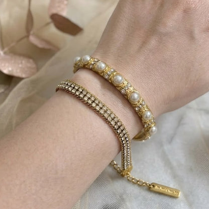 Gold Pearl & Rhinestone Bangle Set
