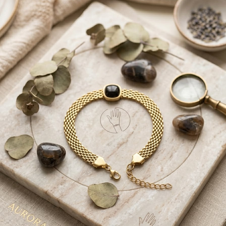 Gold Mesh Chain Onyx Gemstone Bracelet