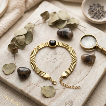 Gold Mesh Chain Onyx Gemstone Bracelet