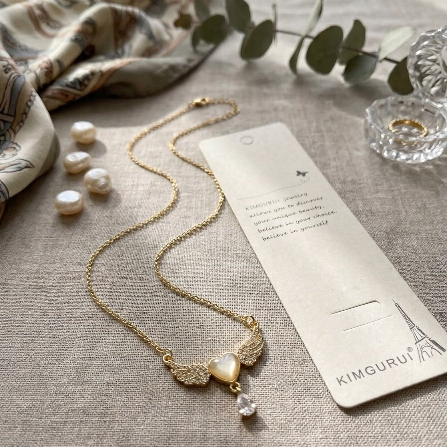 Angel Wings Mother-of-Pearl Heart Pendant Necklace