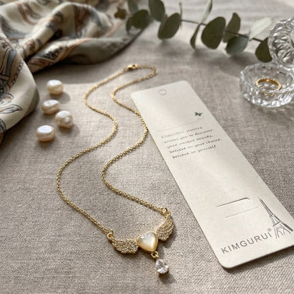 Angel Wings Mother-of-Pearl Heart Pendant Necklace