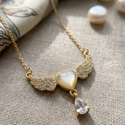 Angel Wings Mother-of-Pearl Heart Pendant Necklace