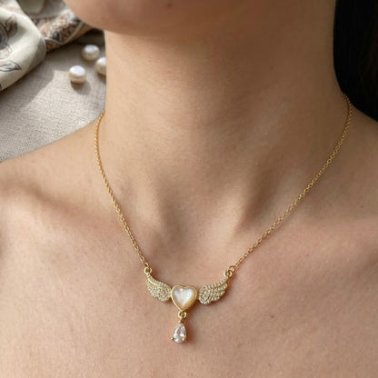 Angel Wings Mother-of-Pearl Heart Pendant Necklace