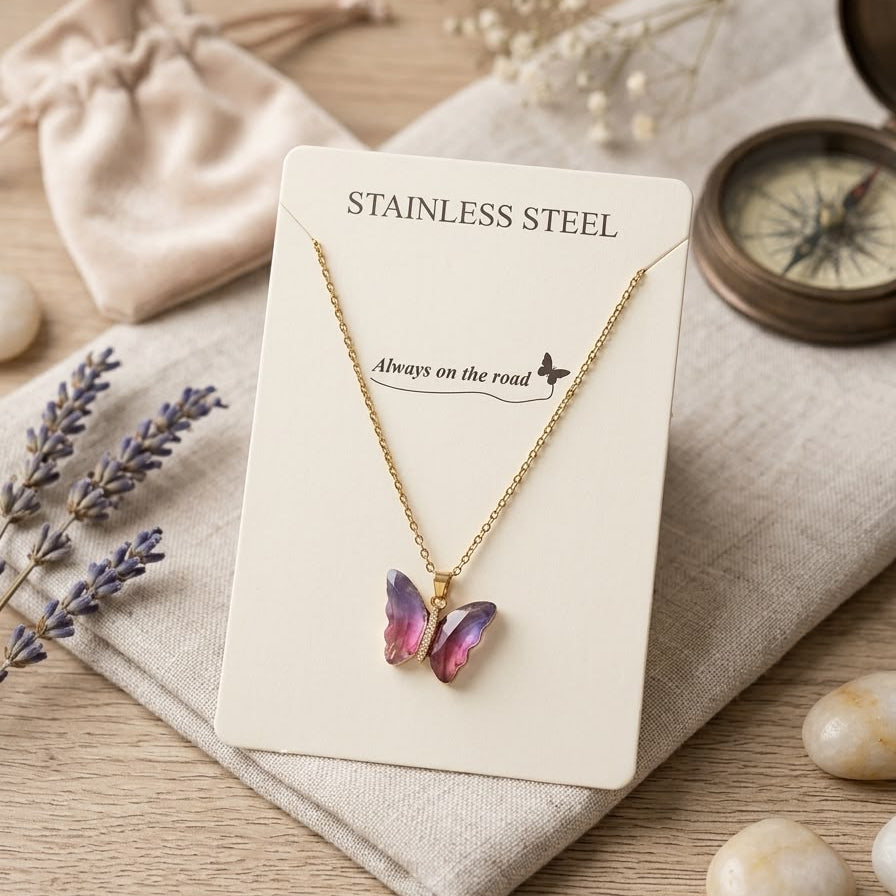 Crystal Butterfly Pendant Stainless Steel Gold Necklace