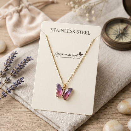 Crystal Butterfly Pendant Stainless Steel Gold Necklace