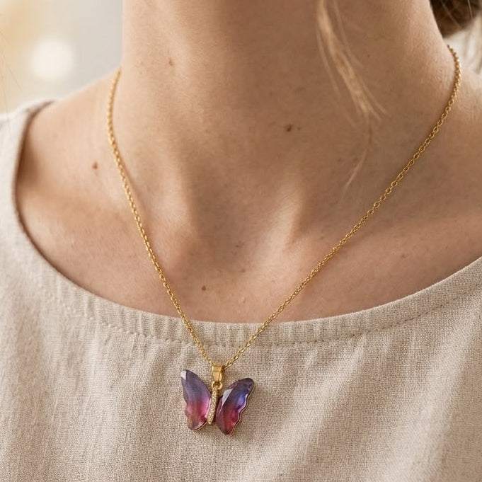 Crystal Butterfly Pendant Stainless Steel Gold Necklace