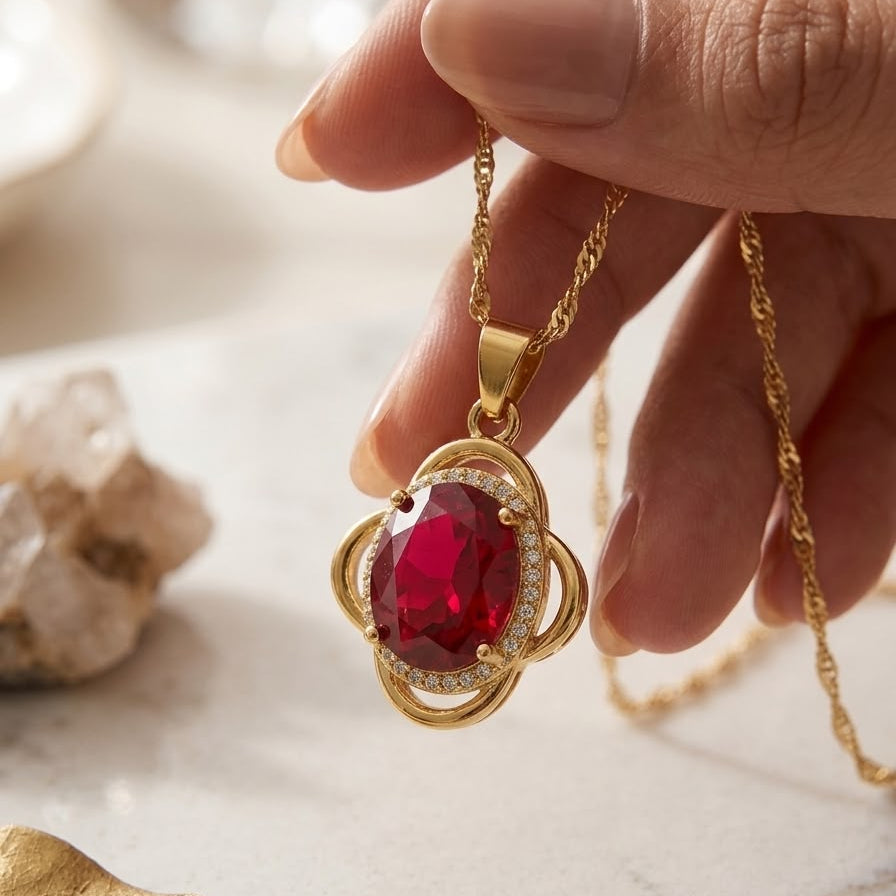 Red Ruby Oval Pendant Necklace