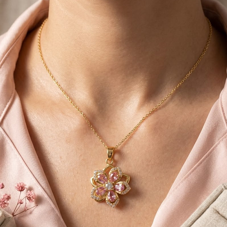 Pink Crystal Floral Pendant Necklace