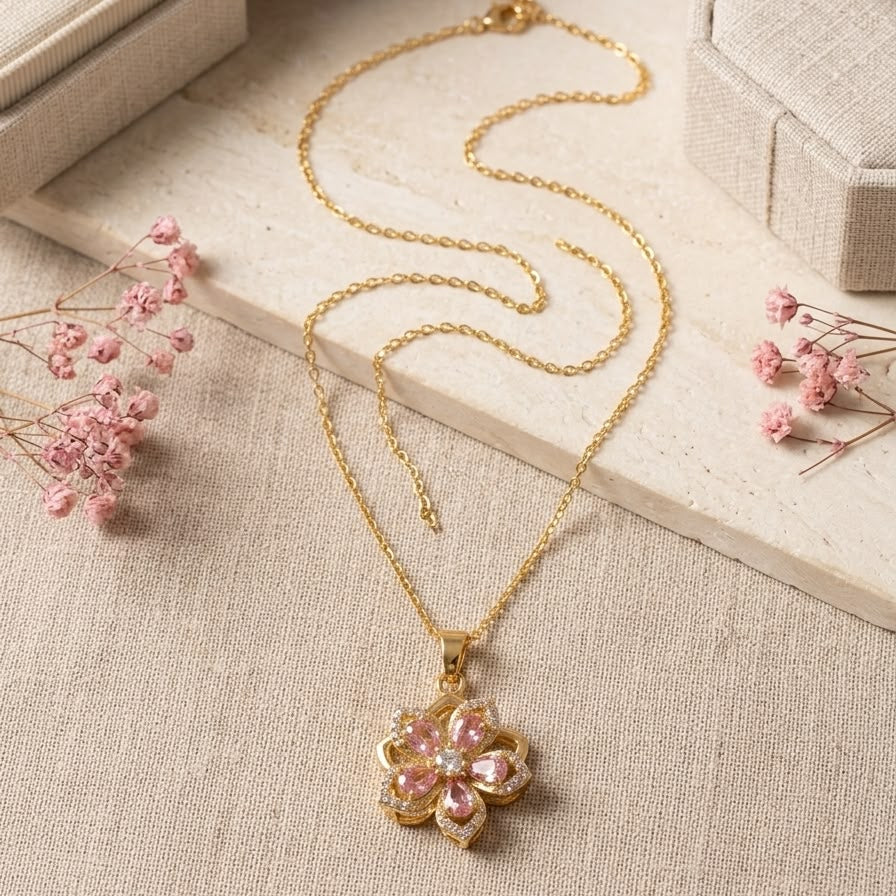 Pink Crystal Floral Pendant Necklace