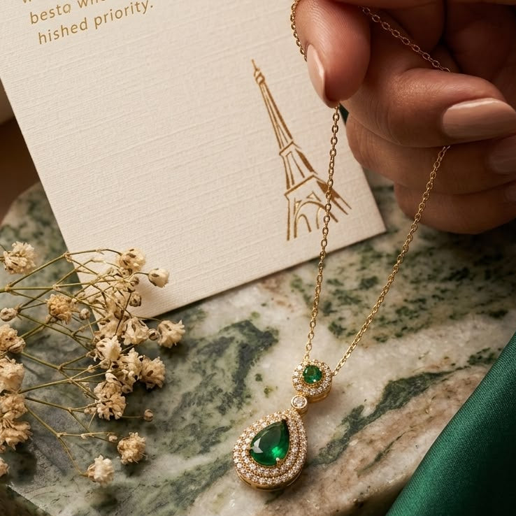 Emerald Teardrop Halo Pendant Necklace