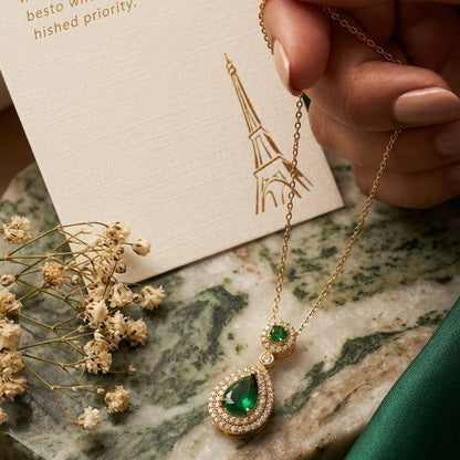 Emerald Teardrop Halo Pendant Necklace