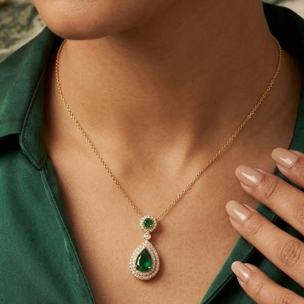 Emerald Teardrop Halo Pendant Necklace