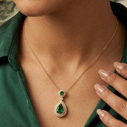 Emerald Teardrop Halo Pendant Necklace