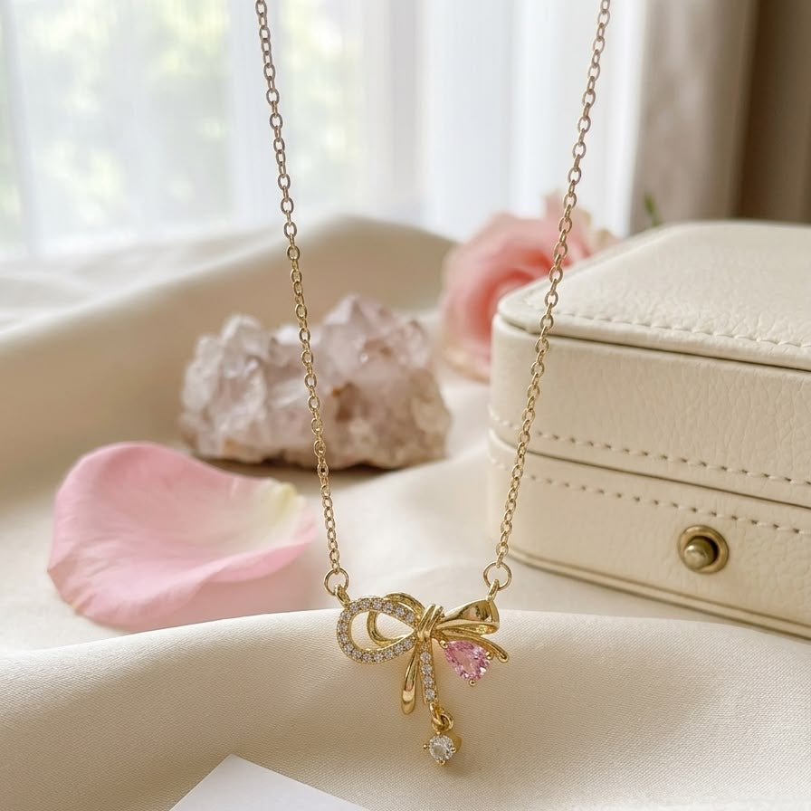 Pink Crystal Bow Pendant Necklace