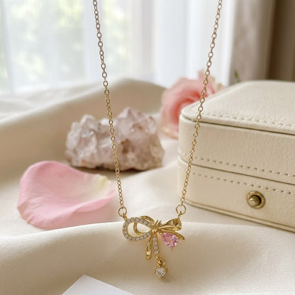 Pink Crystal Bow Pendant Necklace