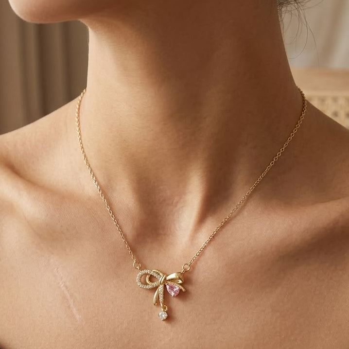 Pink Crystal Bow Pendant Necklace
