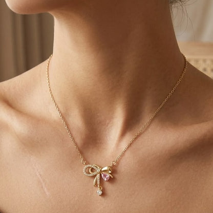 Pink Crystal Bow Pendant Necklace