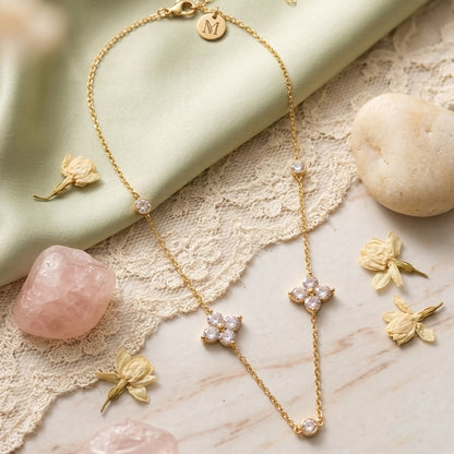 Gold Clover Zircon Station Necklace