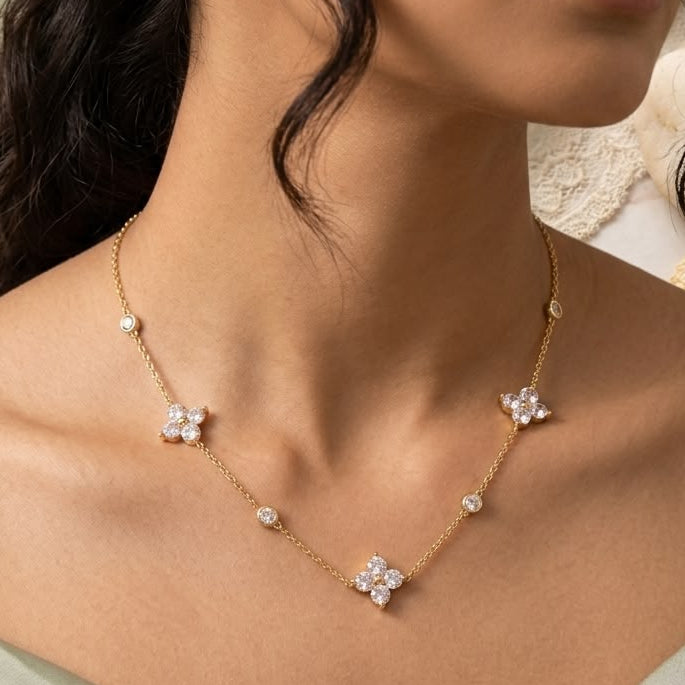 Gold Clover Zircon Station Necklace