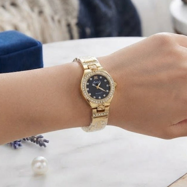 Luxury Crystal Gold Watch for Women – Black Dial Quartz Wristwatch