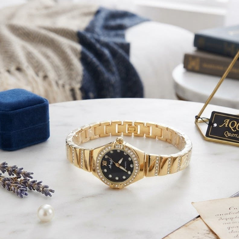 Luxury Crystal Gold Watch for Women – Black Dial Quartz Wristwatch