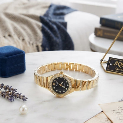 Luxury Crystal Gold Watch for Women – Black Dial Quartz Wristwatch