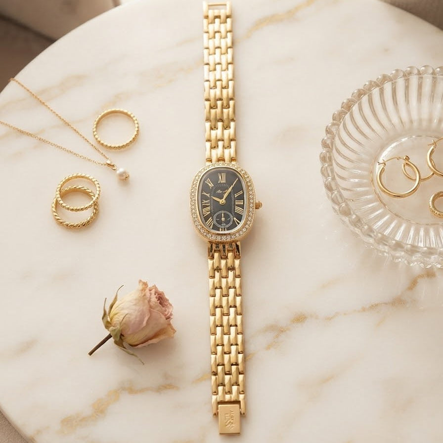 Vintage Gold Oval Diamond-Bezel Women’s Watch